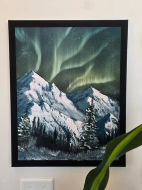 Northern Lights Mountain Landscape Painting - Green & White